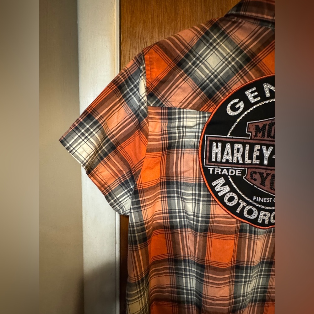 HARLEY-DAVIDSON Women’s Size L Shirt Snap Front Plaid Short Sleeve HD Logo - Picture 7 of 9
